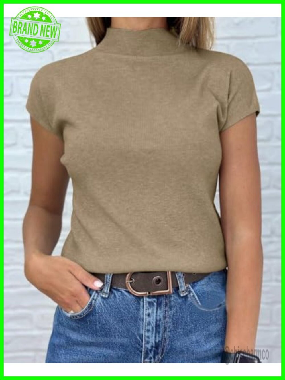 Short Sleeve Mock Neck Sweater Slim Fit Ribbed Knit Pullover Top - Picture 2 of 7